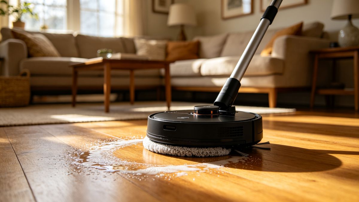A robot vacuum extending a roller mop on a wood floor