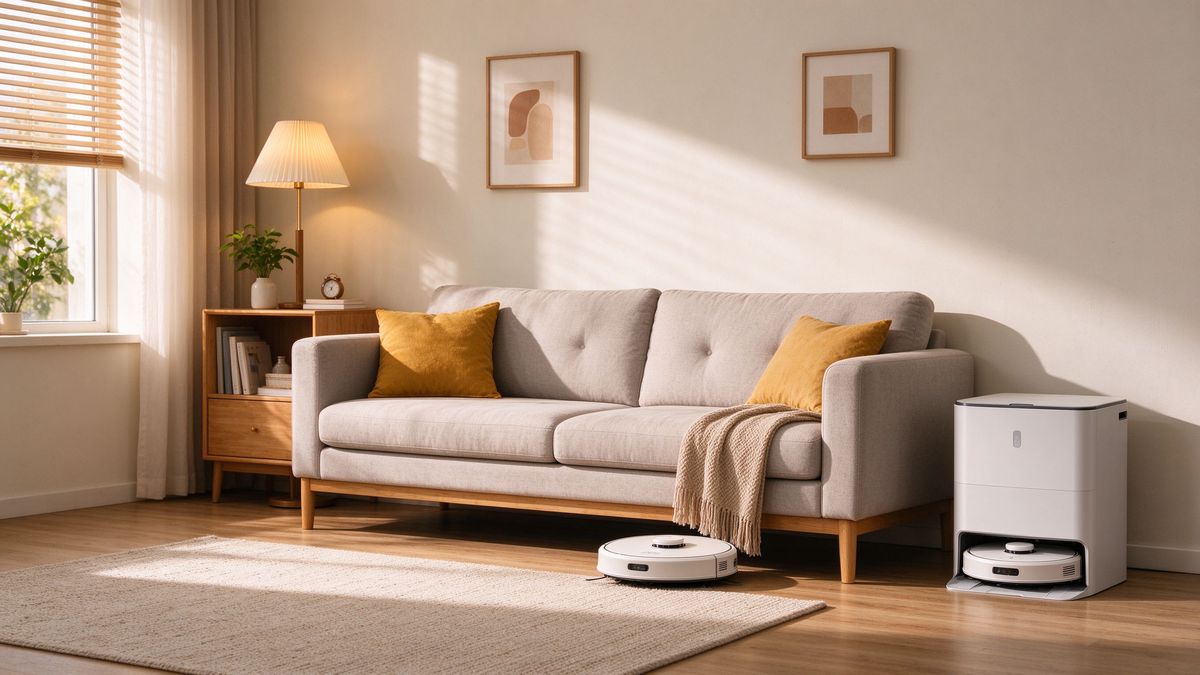 Compact robot vacuum and dock in a small apartment living room
