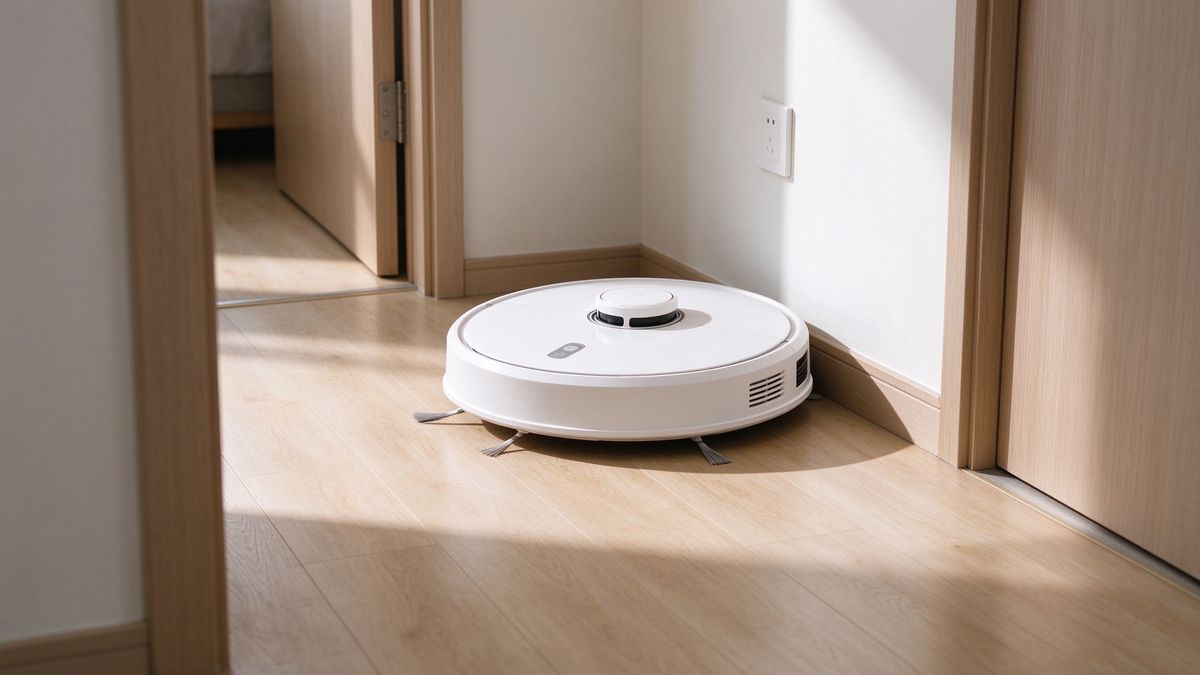 Small robot vacuum cleaning a hallway corner in a compact apartment