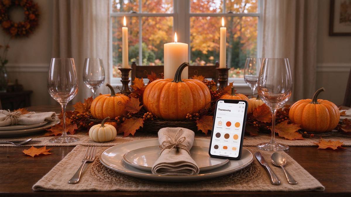 Autumn table with phone showing a shopping page