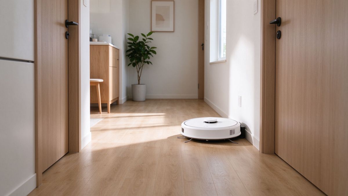 Budget robot vacuum cleaning an apartment hallway