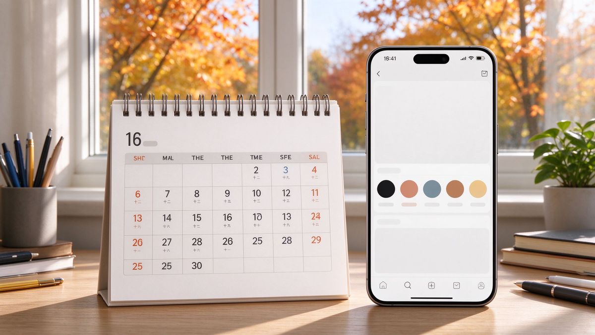 Paper calendar and phone on a desk in autumn light