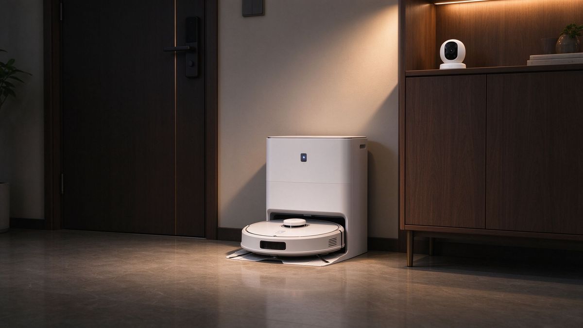 Robot vacuum dock and security camera in a home entryway