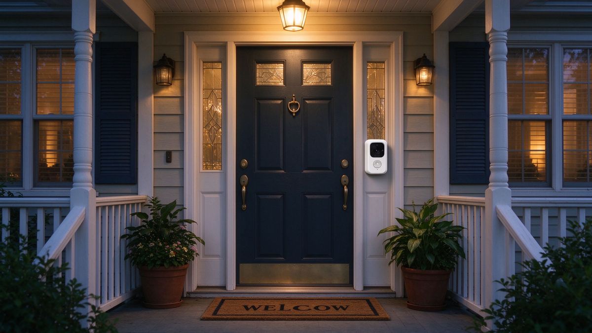 Video doorbell mounted beside a front door
