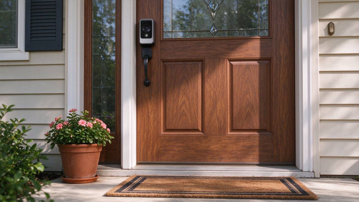 Video doorbell mounted beside a wooden front door with a plant pot