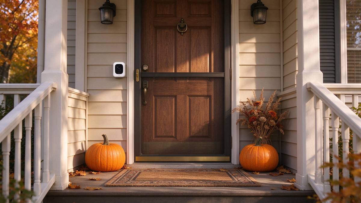 Front porch with a video doorbell in autumn