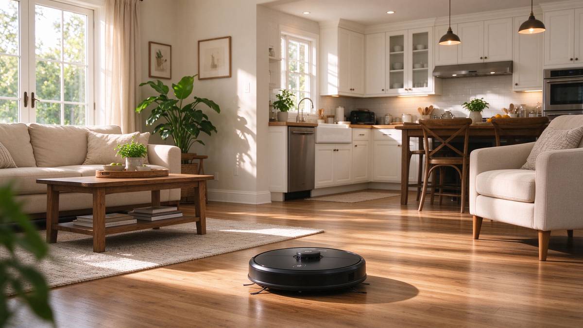 Ecovacs Deebot T50 Omni cleaning an open-plan living room
