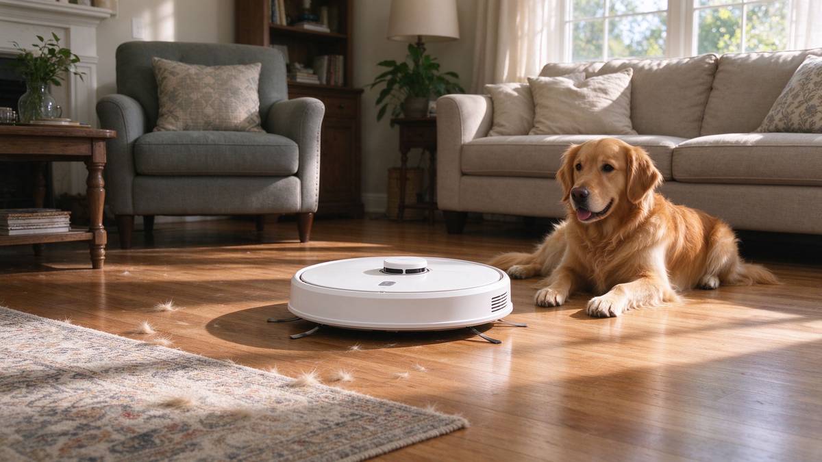 eufy X10 Pro Omni cleaning around a golden retriever