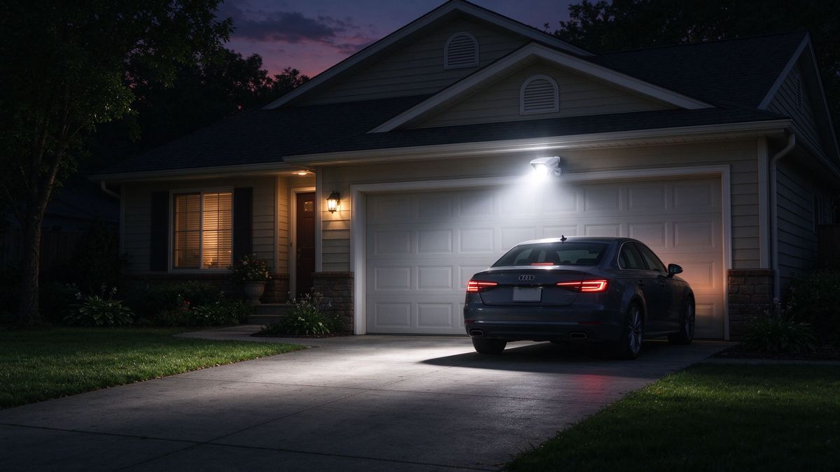 Floodlight camera lighting up a driveway at dusk