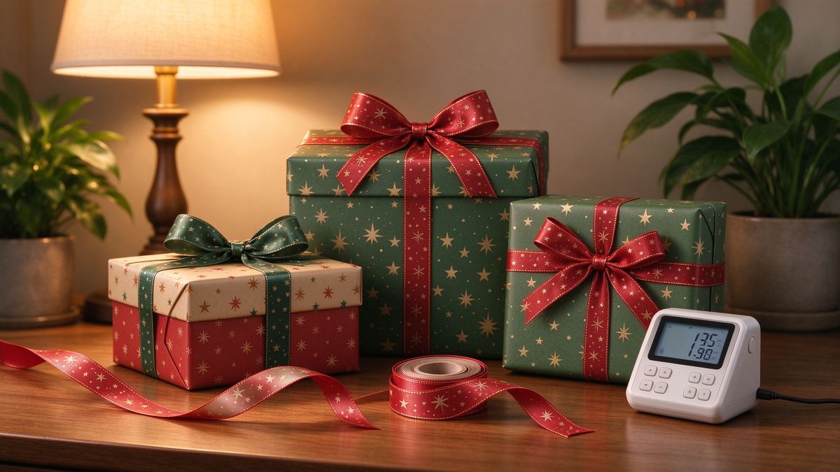 Gift boxes with ribbons on a warm wooden table beside a small device