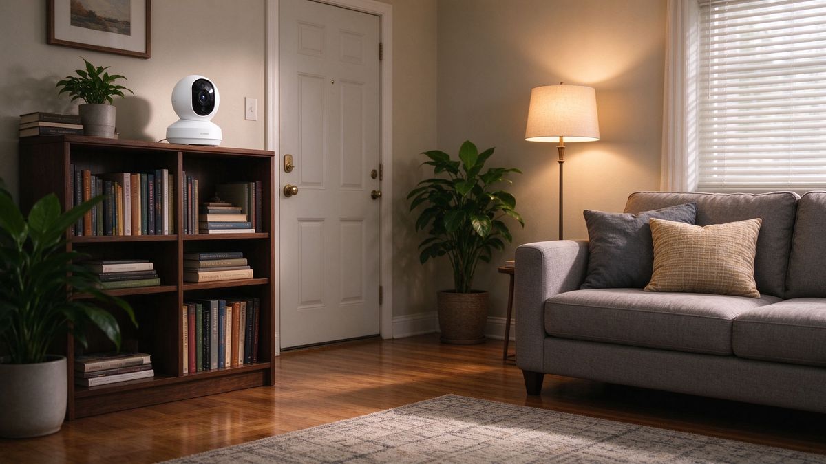 Indoor security camera on a bookshelf watching a living room