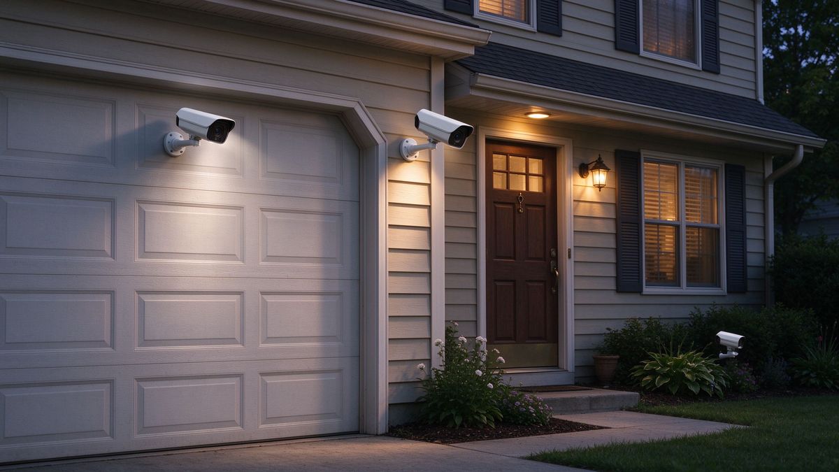 American house with three security cameras mounted at dusk