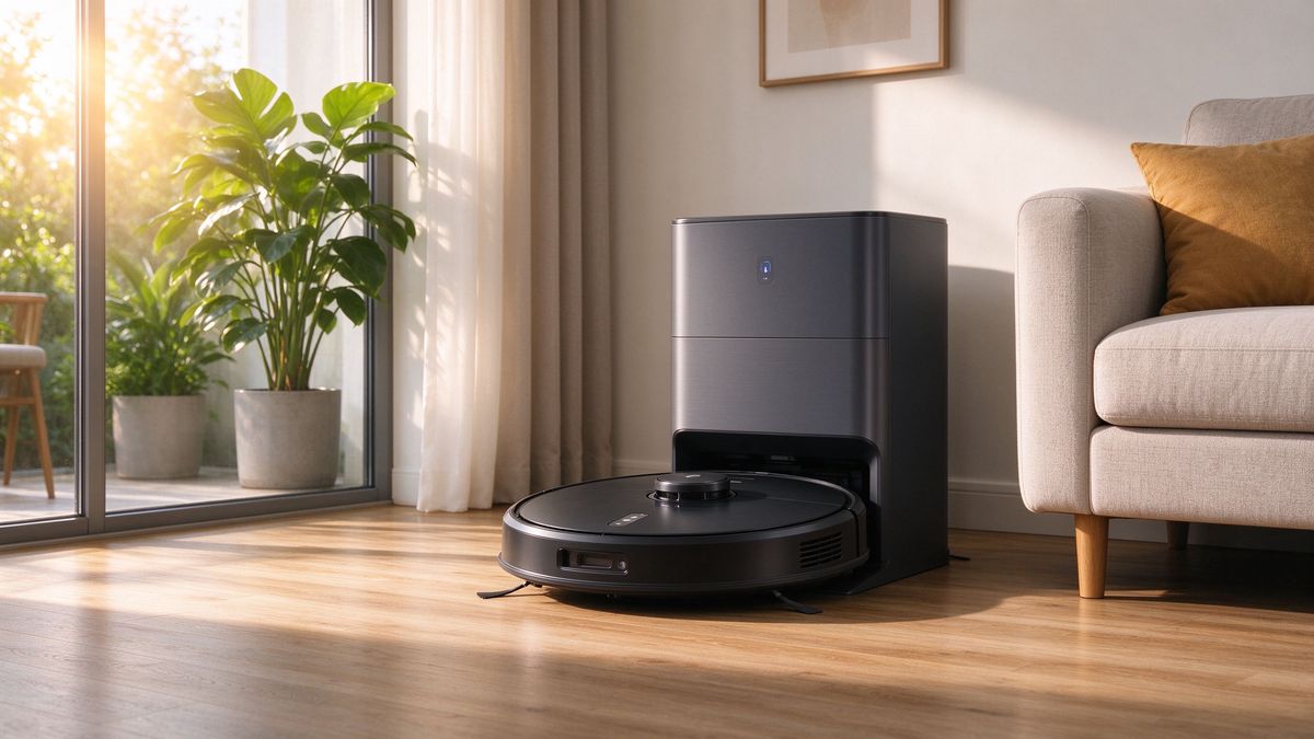 Roborock Qrevo Master robot and dock in a bright living room