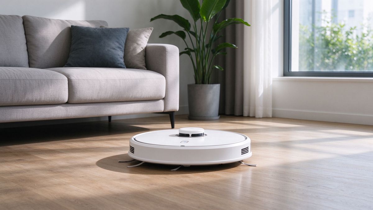 White robot vacuum cleaning a modern apartment living room