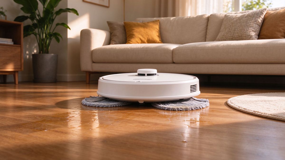 Narwal Freo X Ultra mopping a living room wood floor