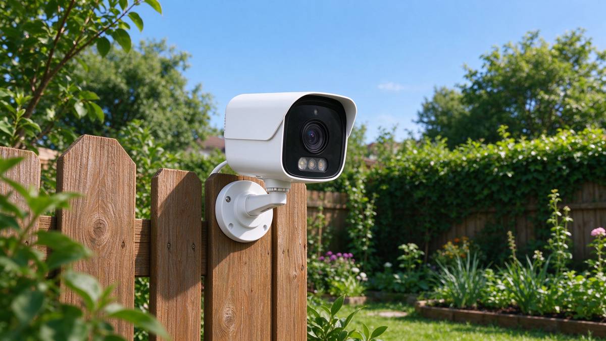 Outdoor battery camera mounted on a fence