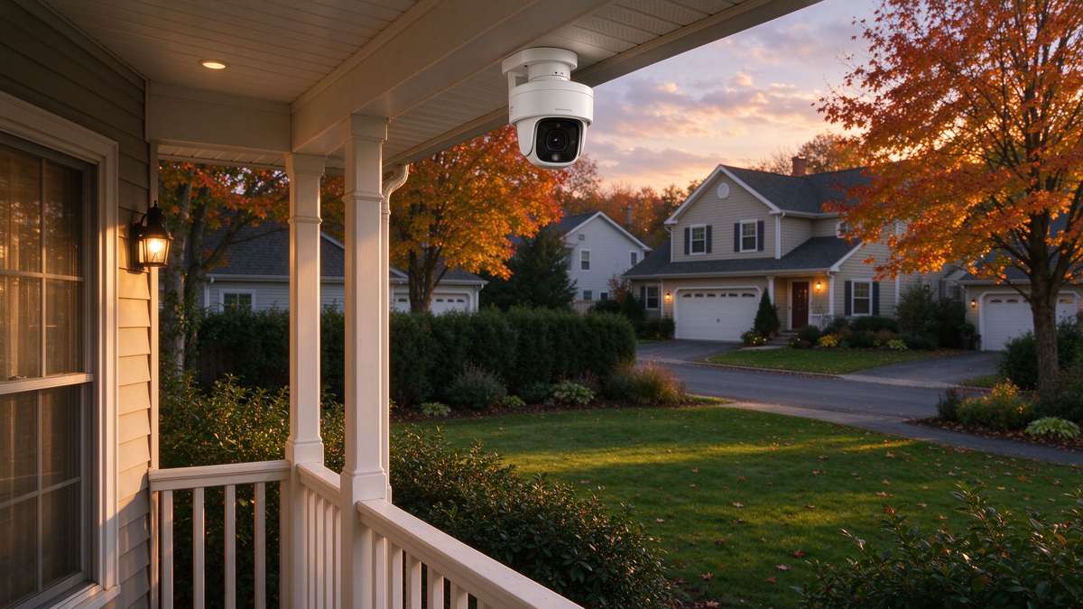 Outdoor security camera watching a suburban backyard