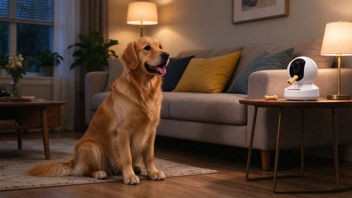 Pet camera watching a dog in a living room