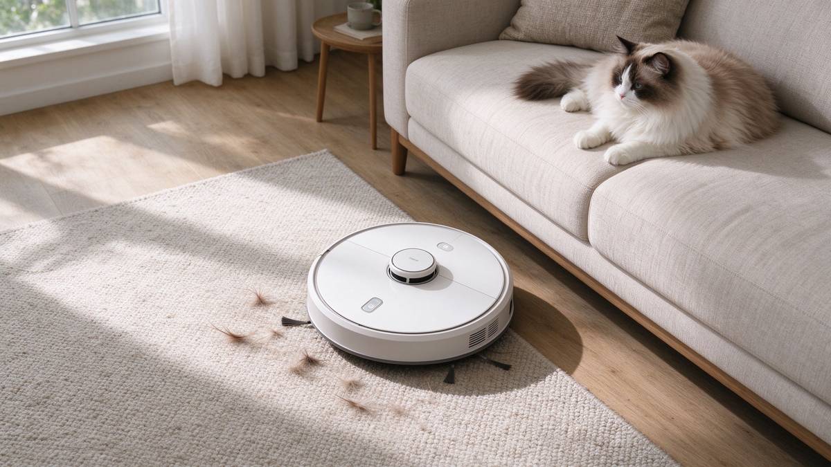 Robot vacuum cleaning carpet edge while a cat rests on the sofa