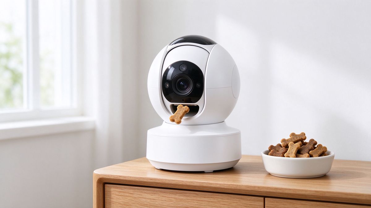 Pet camera with treat-toss dispenser