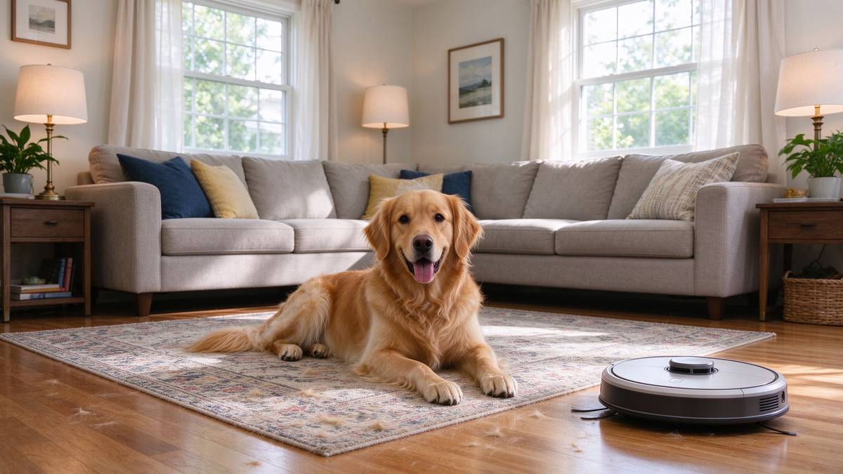 Robot vacuum cleaning near a dog on a rug