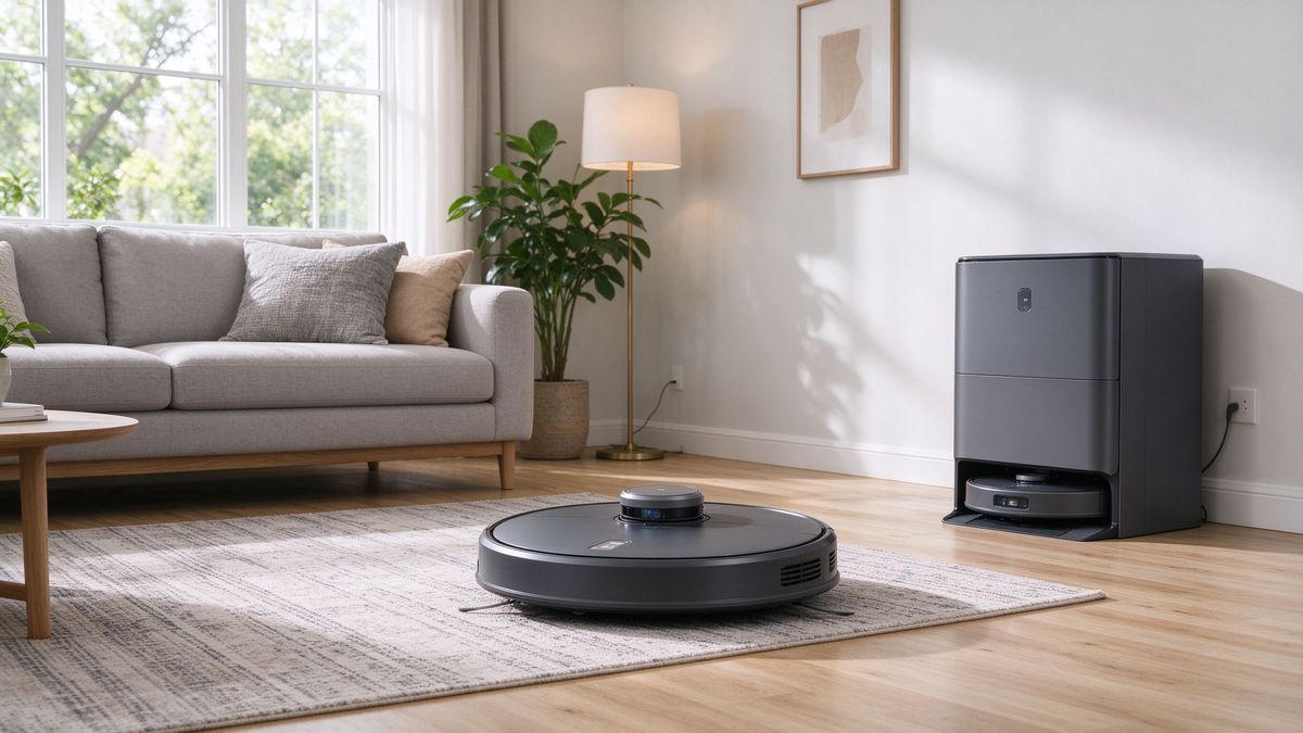 Robot vacuum with auto-empty dock in a living room
