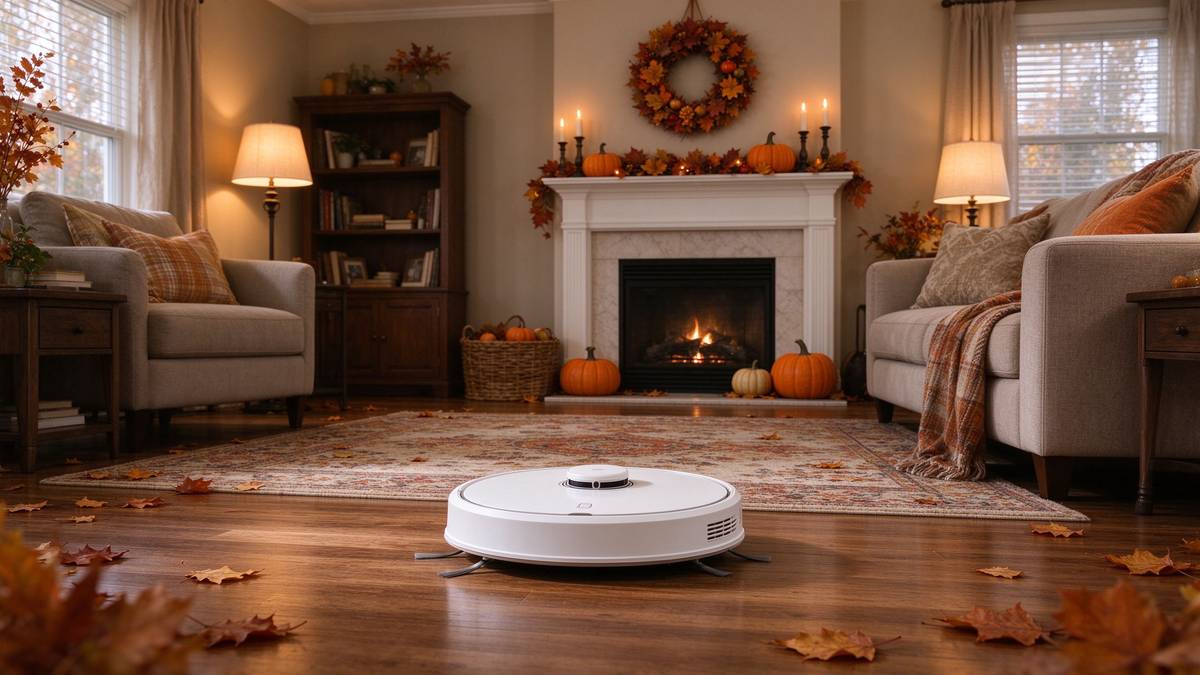 Robot vacuum cleaning a fall-decorated living room