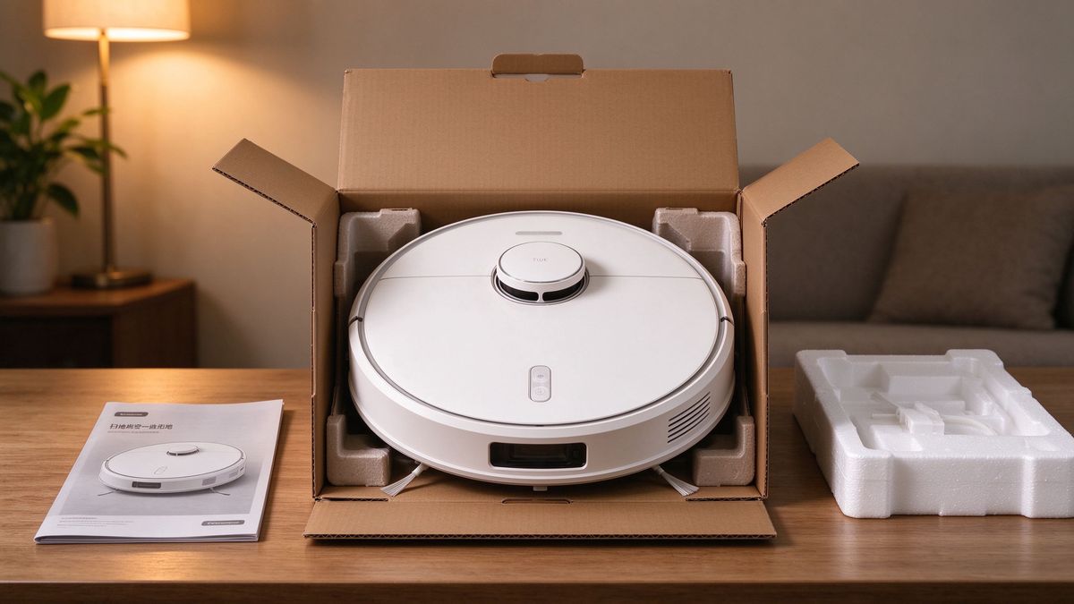 Unboxing a robot vacuum from a brown cardboard box on a wooden table