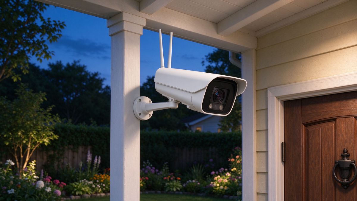 White wireless security camera mounted on a porch column at dusk