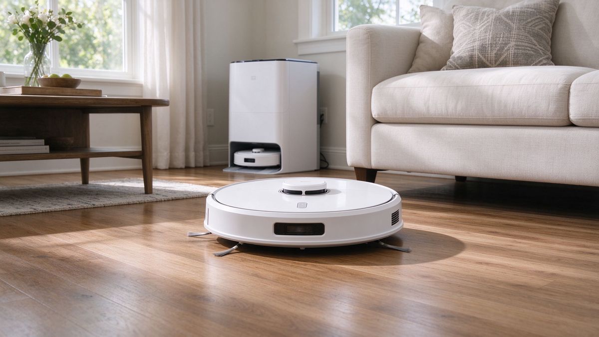 White flagship robot vacuum cleaning an American living room