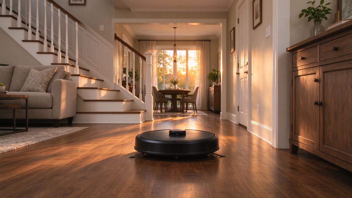 Roomba Combo j9+ cleaning an open American living room