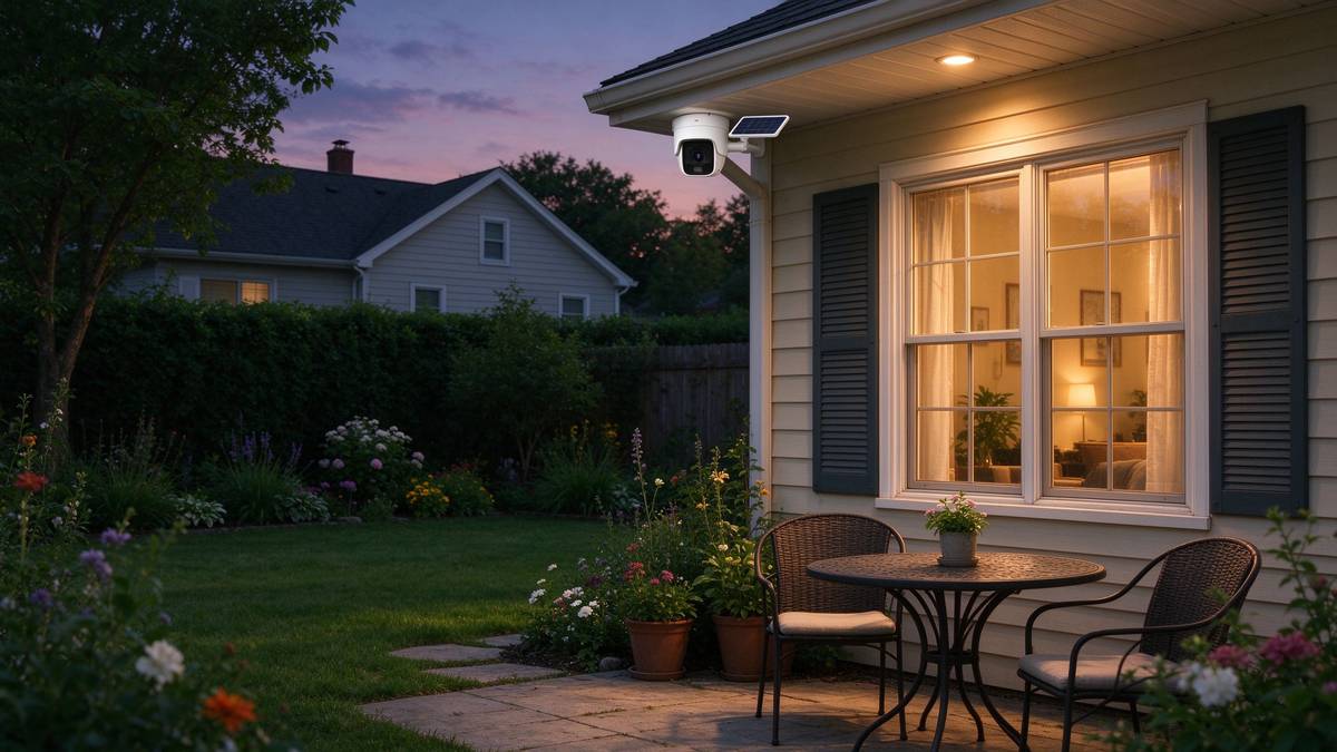 Solar outdoor camera under a house eave at dusk