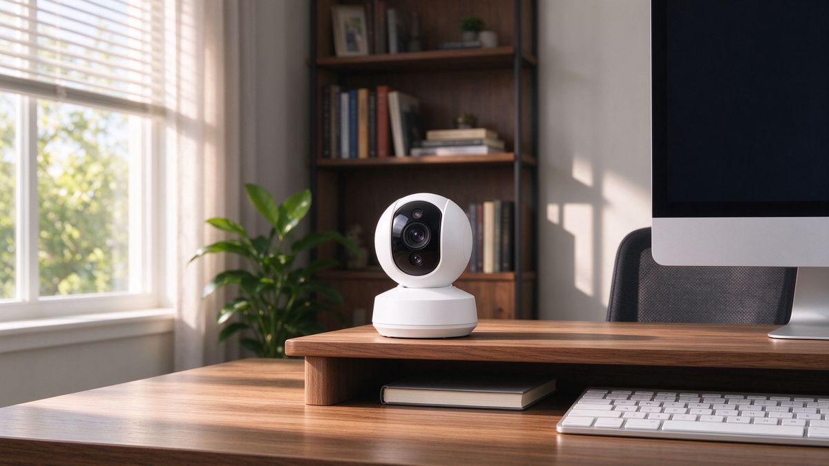 Dual-lens indoor security camera on a home office shelf