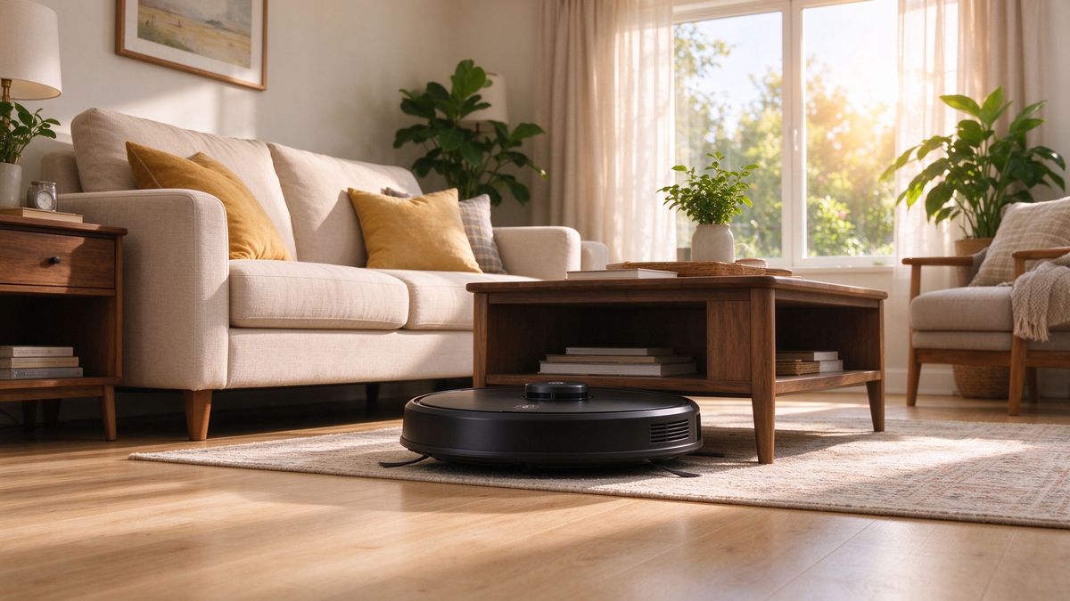 Roborock Saros 10R cleaning a bright living room