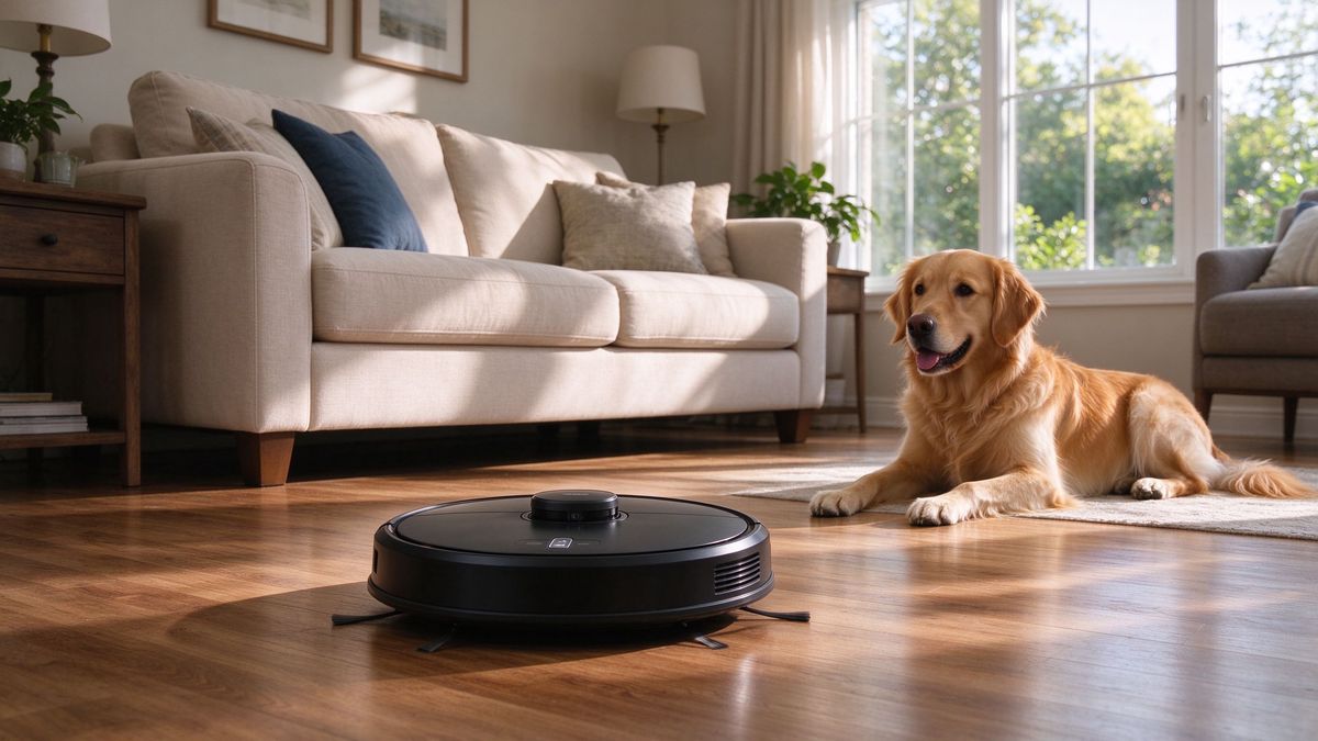 Dark robot vacuum working while a golden retriever rests nearby