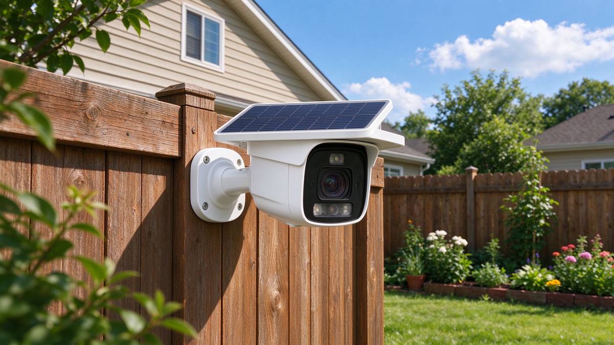 Solar security camera mounted on a backyard fence