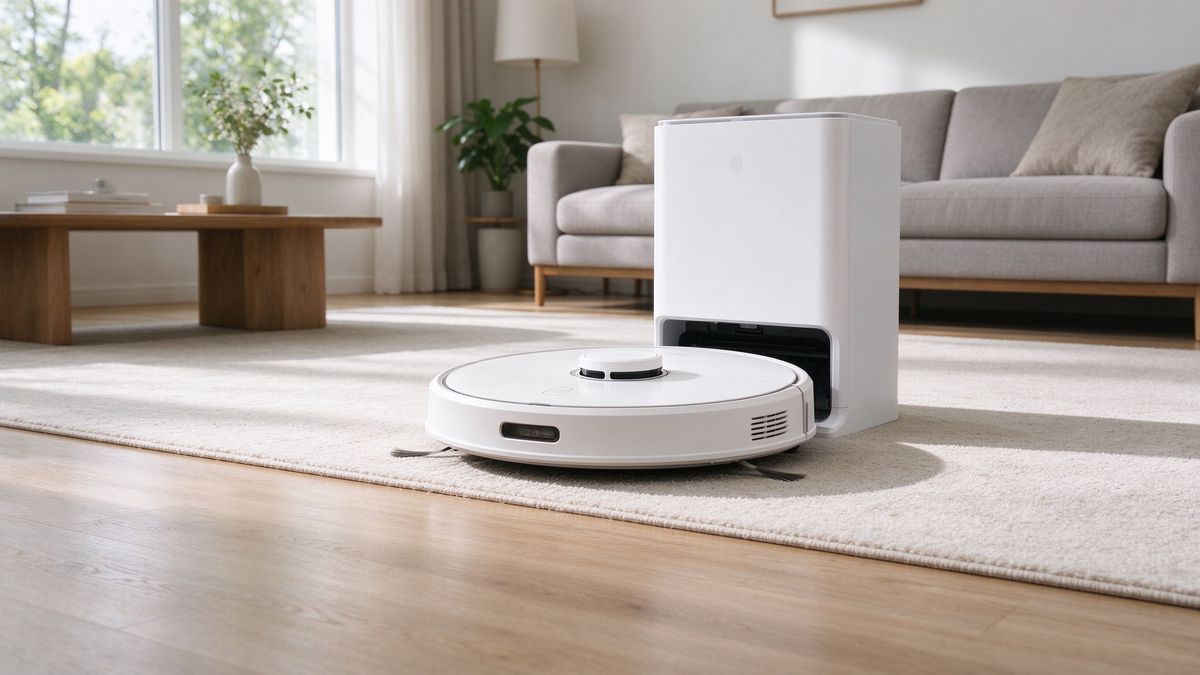 Budget robot vacuum and auto-empty dock in a carpeted living room