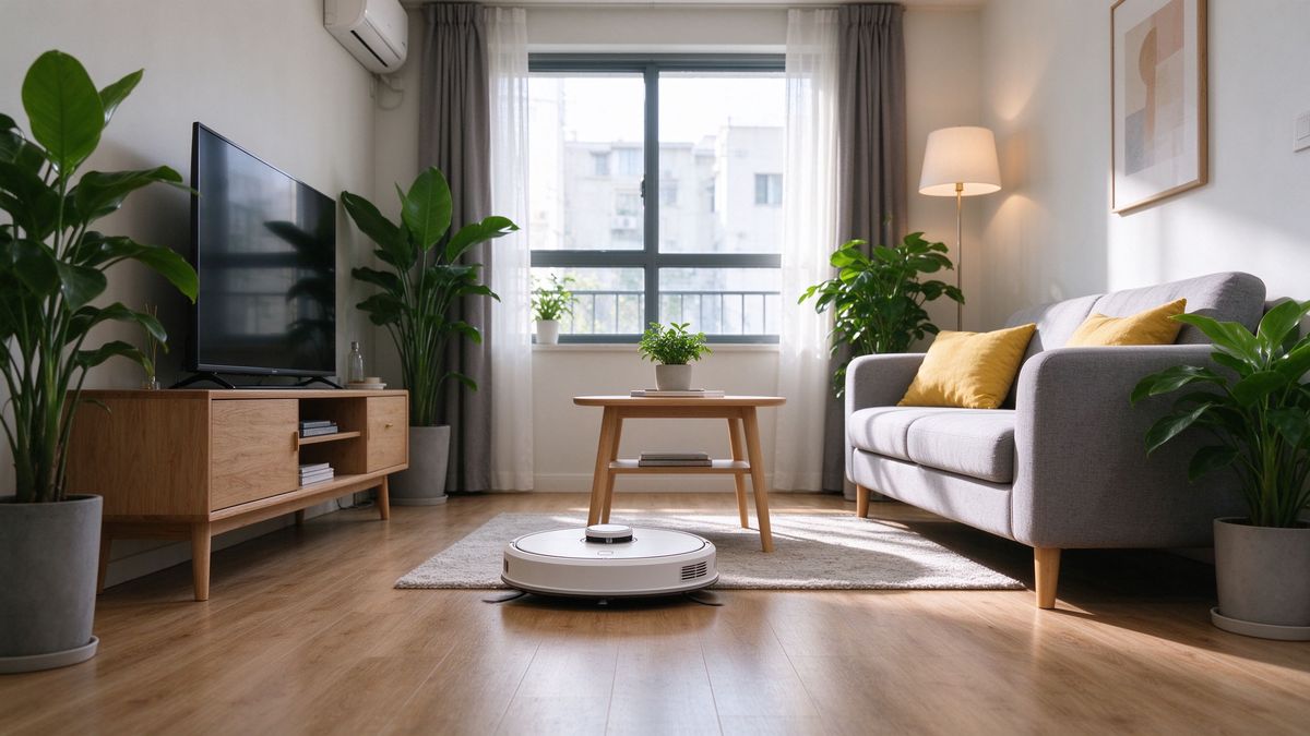 Compact robot vacuum cleaning an apartment living room