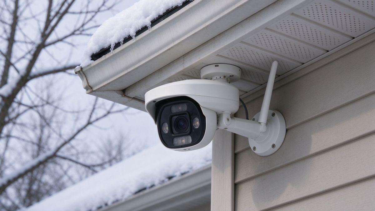 Outdoor security camera mounted under a house eaves in winter with snow