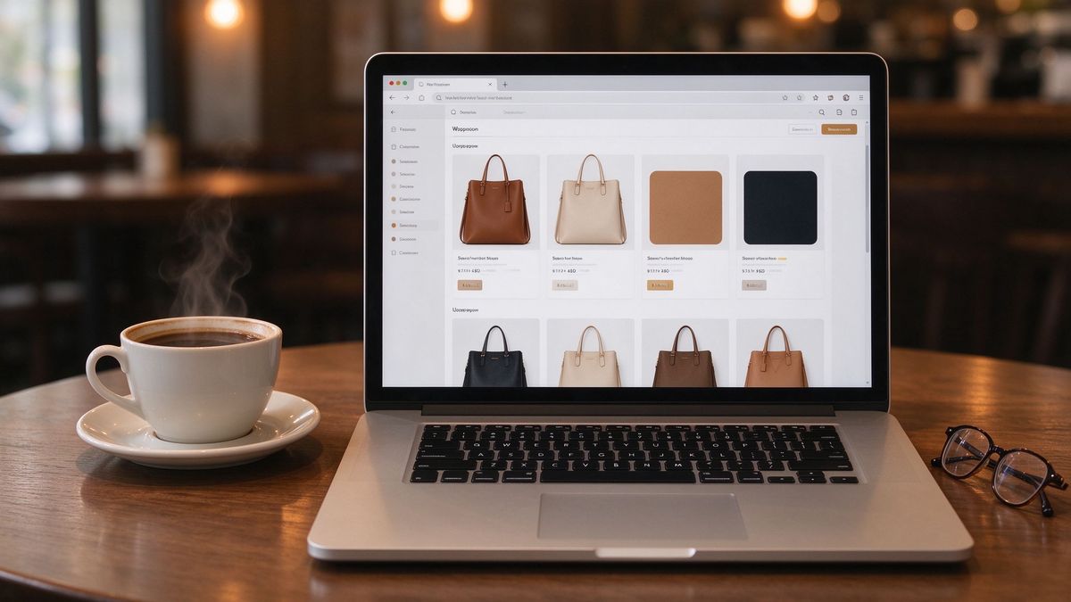 Laptop showing a shopping page beside coffee and glasses on a wooden table
