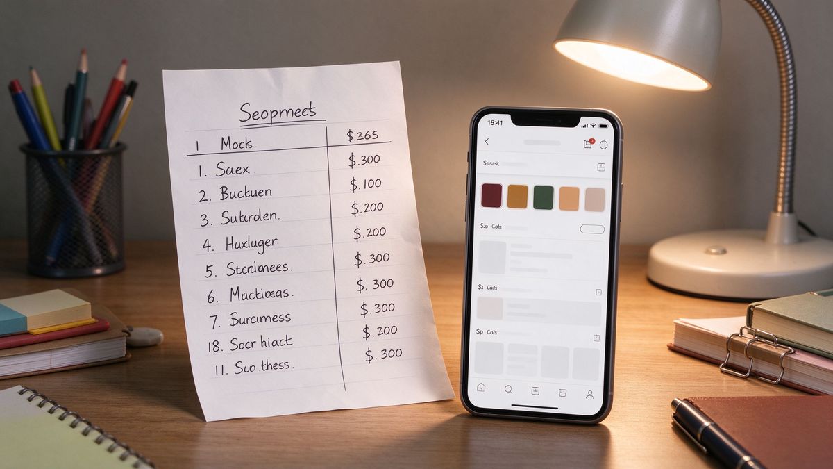 Handwritten shopping list and phone on a desk under warm light