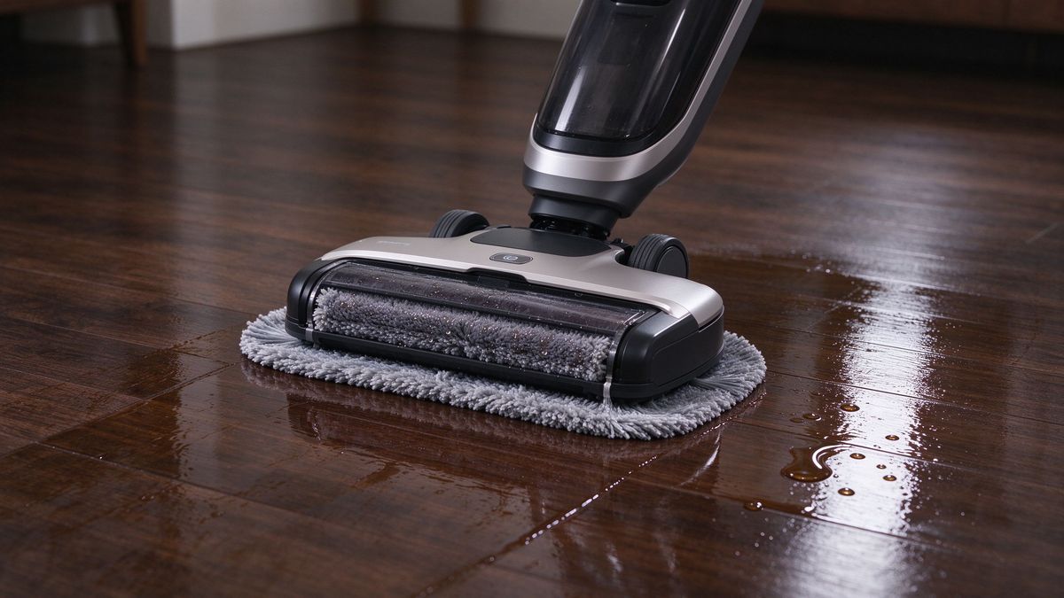 Robot vacuum mopping a dark hardwood floor