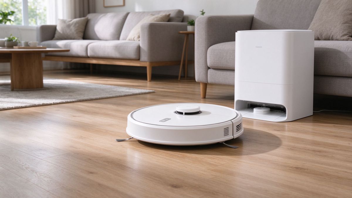 Flagship robot vacuum and dock in a modern apartment living room