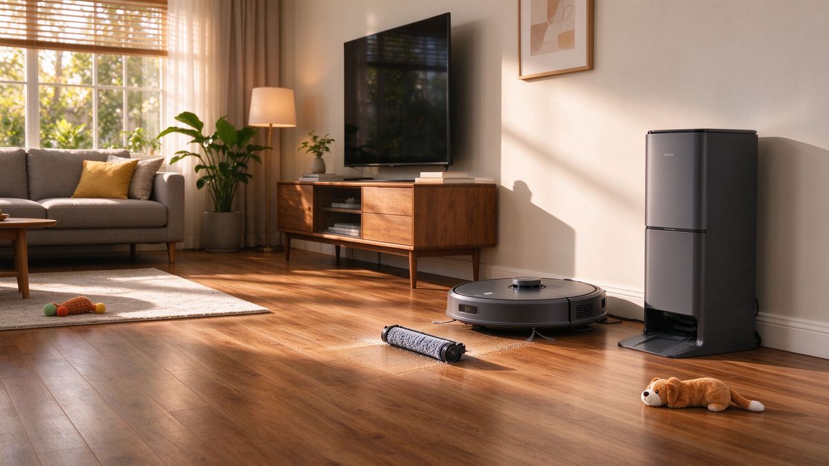 Robot vacuum with auto-empty dock in a living room
